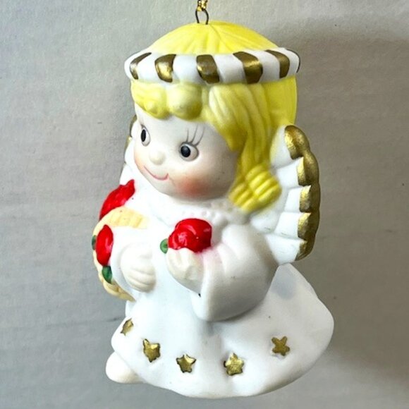 VTG 80's Angel Christmas Bell Tree Ornament Ceramic with Red Roses 2"x3" - Picture 3 of 13
